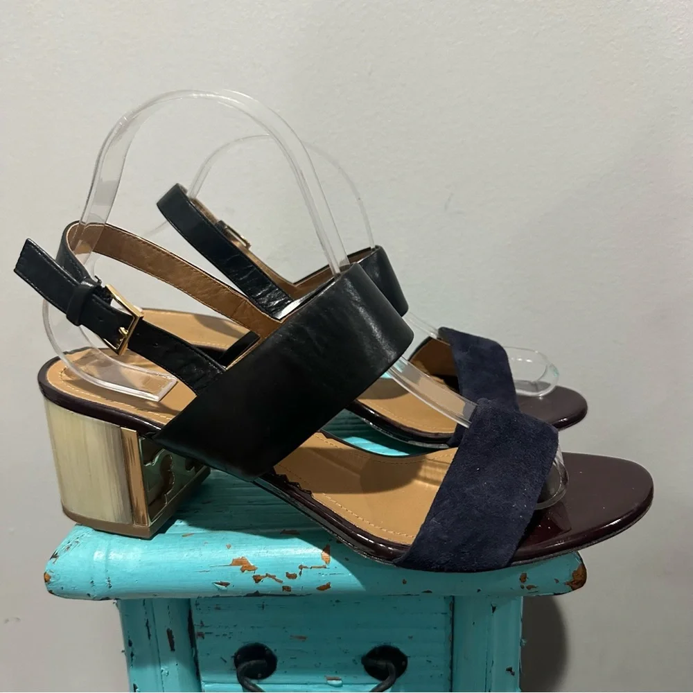 Tory Burch Gigi T Logo Black Midnight Blue Leather Sandal Size 9.5